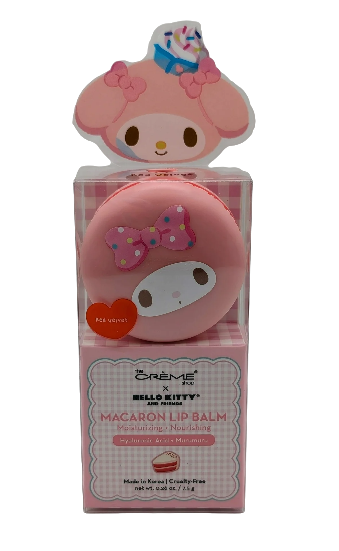 The Creme Shop Hello Kitty Macaron Lip Balm Moisturizing & Nourishing Lip Balm with Hyaluronic Acid, Murumuru, Red Velvet, Mini