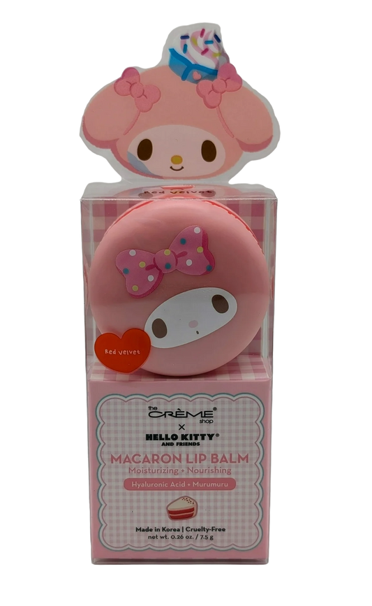 The Creme Shop Hello Kitty Macaron Lip Balm Moisturizing & Nourishing Lip Balm with Hyaluronic Acid, Murumuru, Red Velvet, Mini