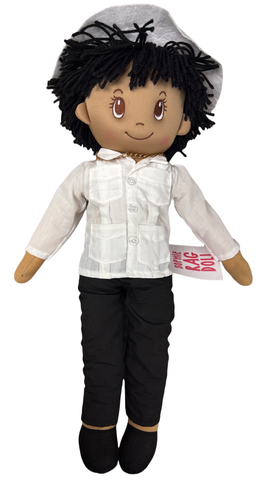 22" Sophie Decorative Boy Rag Doll - Black Pants White Shirt, Hat and Necklace