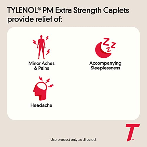 Tylenol PM Extra Strength Nighttime Pain Reliever & Sleep Aid Caplets, 500 mg Acetaminophen & 25 mg Diphenhydramine HCl, Relief for Nighttime Aches & Pains, Non-Habit Forming, 24 ct