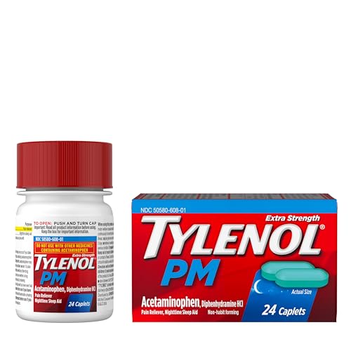 Tylenol PM Extra Strength Nighttime Pain Reliever & Sleep Aid Caplets, 500 mg Acetaminophen & 25 mg Diphenhydramine HCl, Relief for Nighttime Aches & Pains, Non-Habit Forming, 24 ct