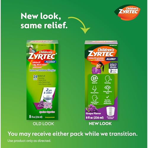 Children's Zyrtec 24 Hour Allergy Relief Syrup, 5 mg Cetirizine Hydrochloride Antihistamine, Kids Allergy Medicine for Indoor & Outdoor Allergy Relief, Dye- & Sugar-Free, Grape, 8 fl. oz