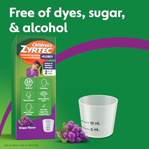 Children's Zyrtec 24 Hour Allergy Relief Syrup, 5 mg Cetirizine Hydrochloride Antihistamine, Kids Allergy Medicine for Indoor & Outdoor Allergy Relief, Dye- & Sugar-Free, Grape, 8 fl. oz