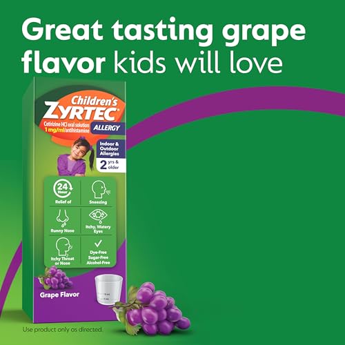 Children's Zyrtec 24 Hour Allergy Relief Syrup, 5 mg Cetirizine Hydrochloride Antihistamine, Kids Allergy Medicine for Indoor & Outdoor Allergy Relief, Dye- & Sugar-Free, Grape, 8 fl. oz