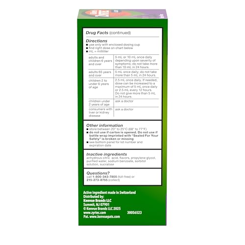 Children's Zyrtec 24 Hour Allergy Relief Syrup, 5 mg Cetirizine Hydrochloride Antihistamine, Kids Allergy Medicine for Indoor & Outdoor Allergy Relief, Dye- & Sugar-Free, Grape, 8 fl. oz