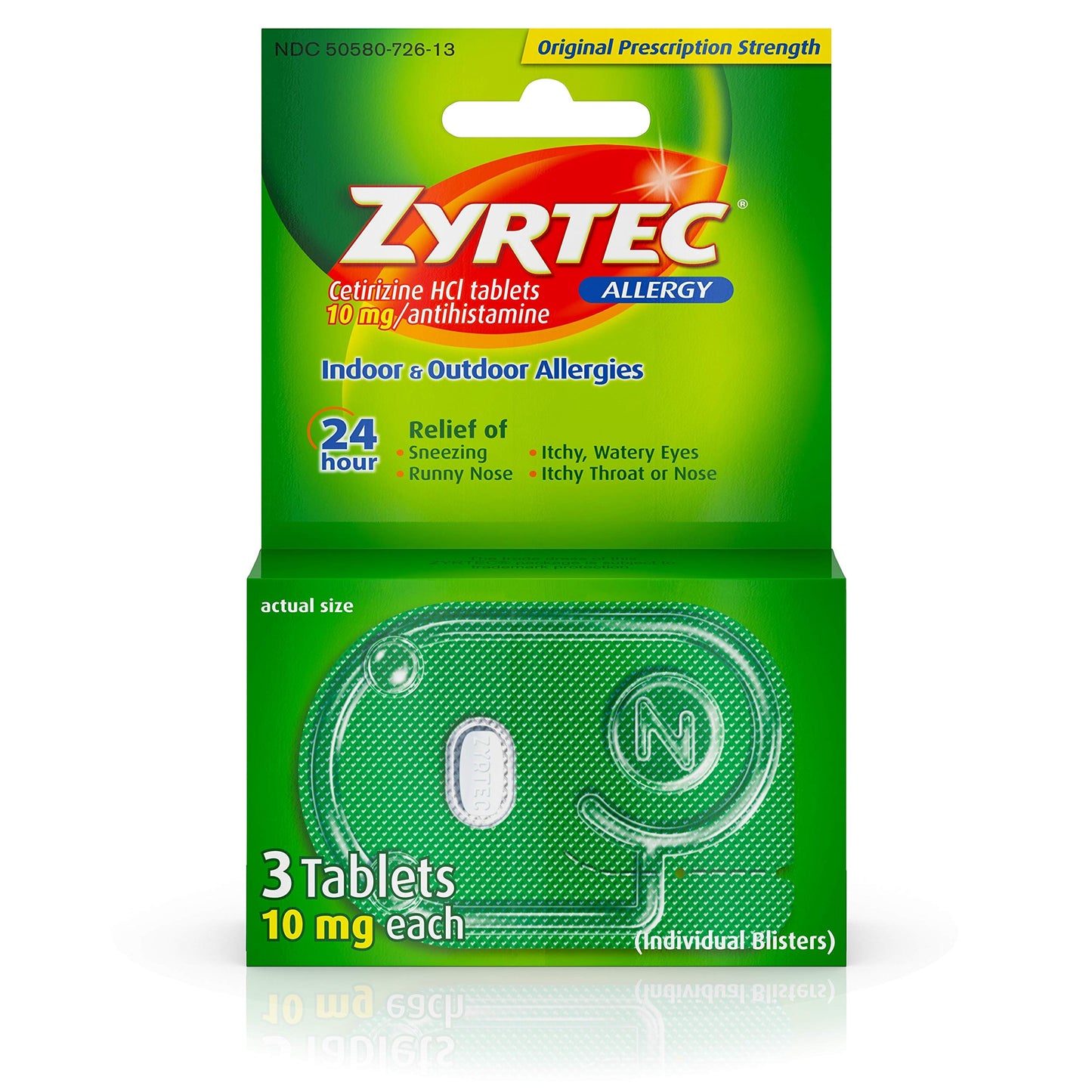 4 Pack Zyrtec 24 Hour Allergy Relief Tablets, 10 mg Cetirizine HCl Antihistamine, Travel Size, 3 ct