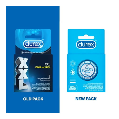 Durex Classic Condom XXL Longer & Wider Natural Latex Condoms, 3 Count - Ultra Fine & Lubricated