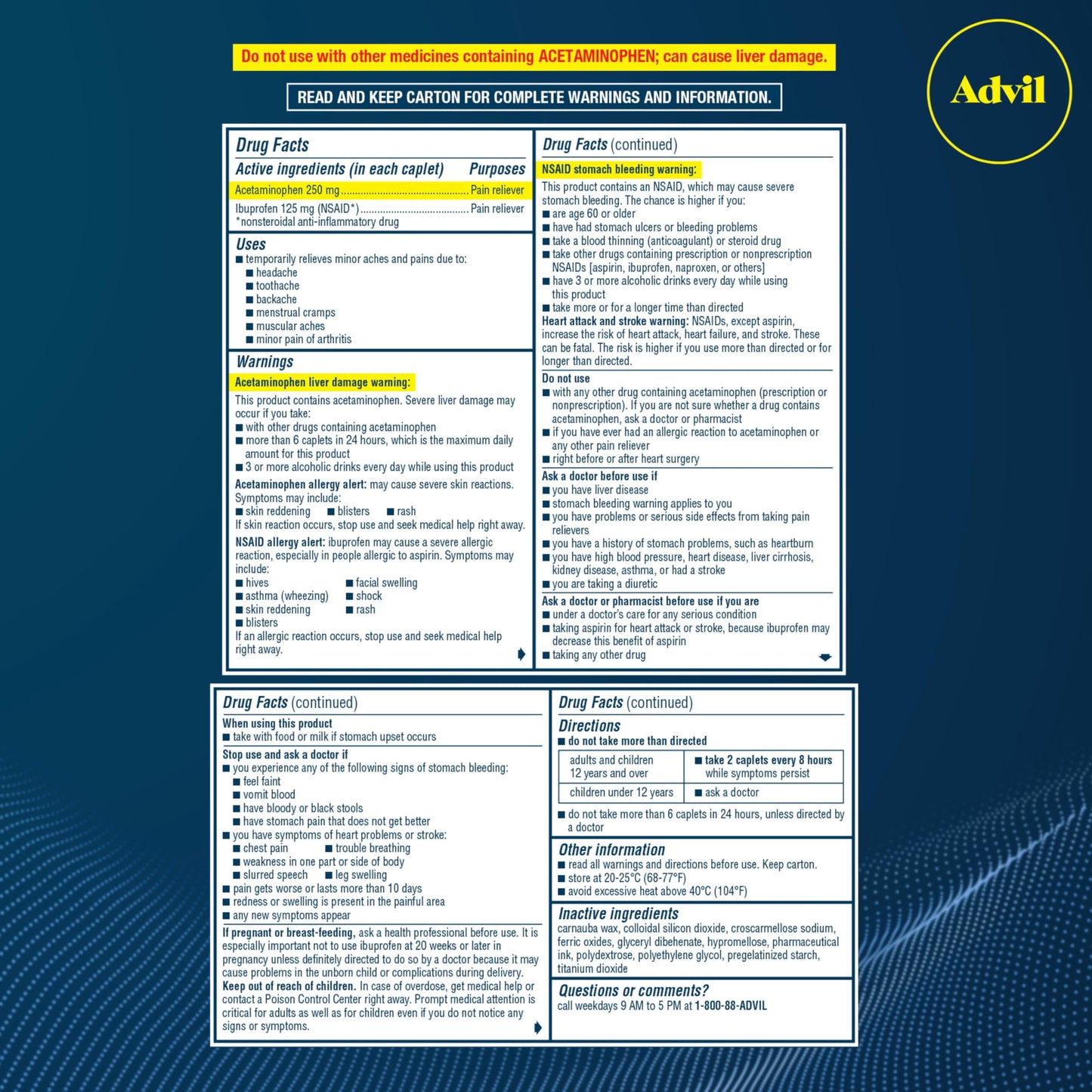 Advil Dual Action With Acetaminophen And Ibuprofen (2 Dose Equivalent) For 8 Hour Pain Relief. 3 Travel Size, 8 Caples each