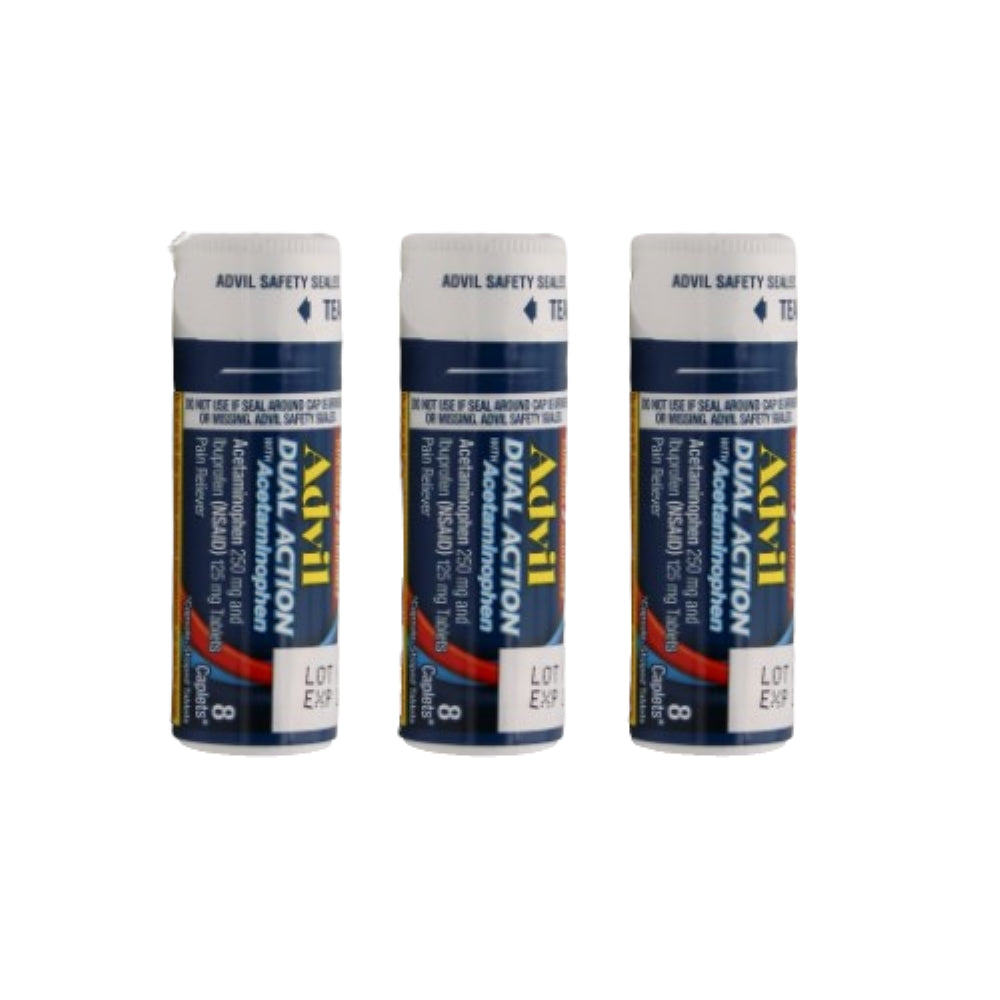 Advil Dual Action With Acetaminophen And Ibuprofen (2 Dose Equivalent) For 8 Hour Pain Relief. 3 Travel Size, 8 Caples each