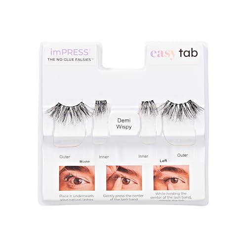 KISS imPRESS Falsies Easy Tab Press On Self Adhesive Eyelashes, Black, 'Demi Wispy', 1 Pair of 8mm-10mm Inner Natural Volume Eyelash Clusters & 1 Pair of 11mm-13mm Outer Half-Lashes with Easy Tabs