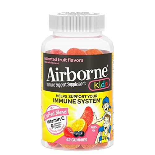 Airborne Vitamin C 500mg (per Serving) Kids Assorted Fruit Flavored Gummies (42 Count in a Bottle), Gluten-Free Immune Support Supplement with Vitamins A C E, Selenium, Echinacea & Ginger