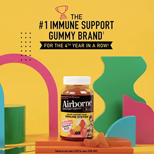 Airborne Vitamin C 500mg (per Serving) Kids Assorted Fruit Flavored Gummies (42 Count in a Bottle), Gluten-Free Immune Support Supplement with Vitamins A C E, Selenium, Echinacea & Ginger