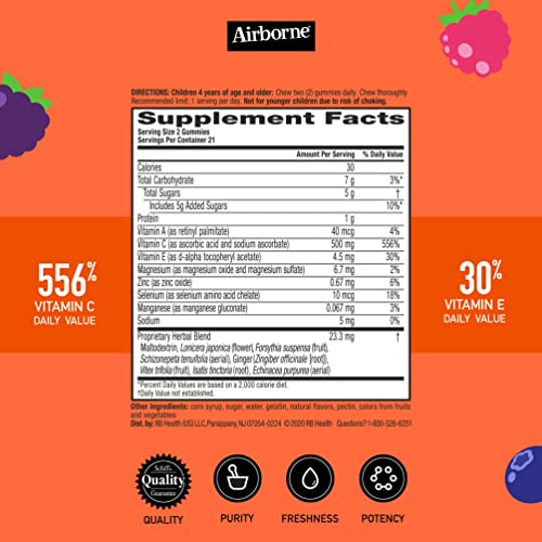 Airborne Vitamin C 500mg (per Serving) Kids Assorted Fruit Flavored Gummies (42 Count in a Bottle), Gluten-Free Immune Support Supplement with Vitamins A C E, Selenium, Echinacea & Ginger