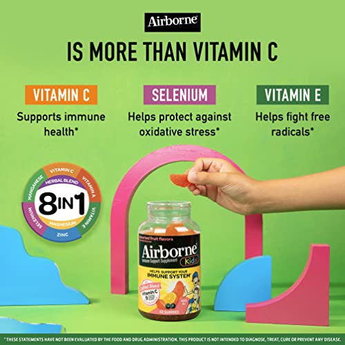 Airborne Vitamin C 500mg (per Serving) Kids Assorted Fruit Flavored Gummies (42 Count in a Bottle), Gluten-Free Immune Support Supplement with Vitamins A C E, Selenium, Echinacea & Ginger