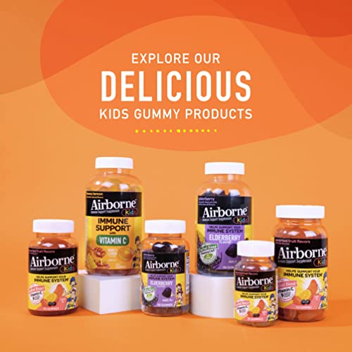 Airborne Vitamin C 500mg (per Serving) Kids Assorted Fruit Flavored Gummies (42 Count in a Bottle), Gluten-Free Immune Support Supplement with Vitamins A C E, Selenium, Echinacea & Ginger