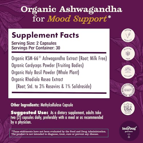 Organic Mood Pills - 60 Capsules Organic Ashwagandha Supplements for Women and Men, Ashwagandha Root Capsules with Cordyceps, Holy Basil & Rhodiola, Reduce Stress, Boosts Mood and Cognitive Function
