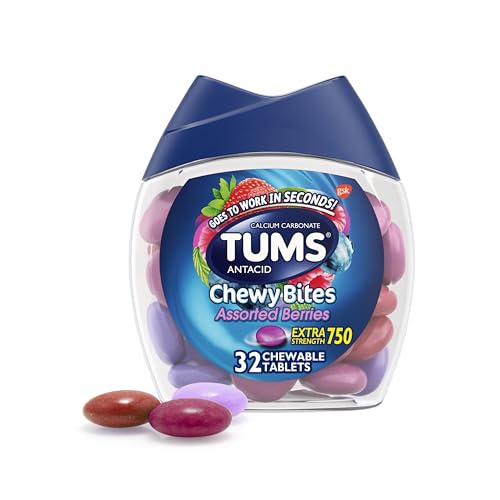 TUMS Chewy Bites Antacid Tablets for Chewable Heartburn & Acid Indigestion Relief, Assorted Berries, 32 Count 2 Pack