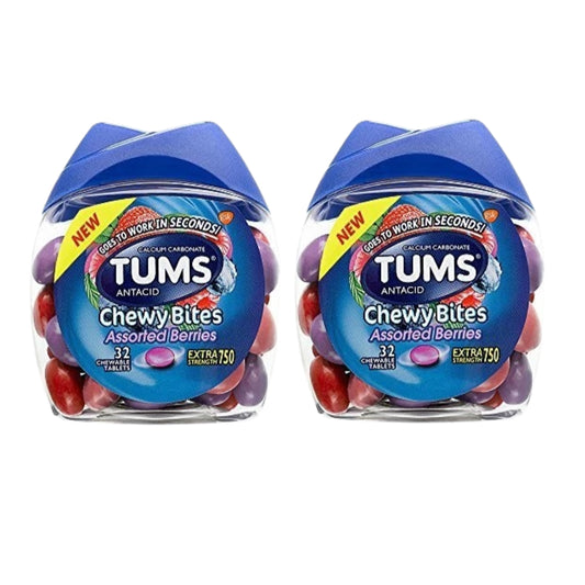TUMS Chewy Bites Antacid Tablets for Chewable Heartburn & Acid Indigestion Relief, Assorted Berries, 32 Count 2 Pack