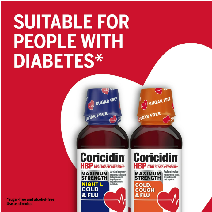 Coricidin HBP Maximum Strength Cold & Flu Night Sugar Free Liquid, 12 Fl Oz