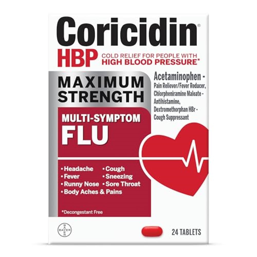 Coricidin HBP Maximum Strength Multi-Symptom Flu Tablets For Body Aches, Body Pains Cold and Cough Relief: Flu Medicine for Adults with High Blood Pressure - 24 Count