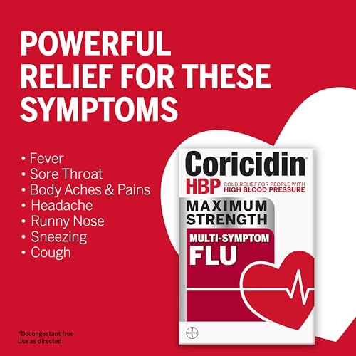 Coricidin HBP Maximum Strength Multi-Symptom Flu Tablets For Body Aches, Body Pains Cold and Cough Relief: Flu Medicine for Adults with High Blood Pressure - 24 Count