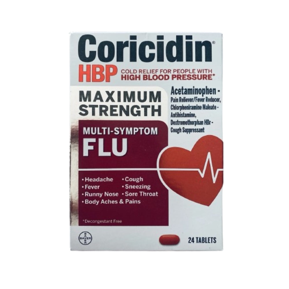 Coricidin HBP Maximum Strength Multi-Symptom Flu Tablets For Body Aches, Body Pains Cold and Cough Relief: Flu Medicine for Adults with High Blood Pressure - 24 Count