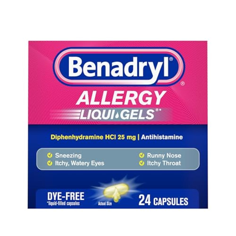 Benadryl Liqui-Gels Allergy Medicine, Dye-Free Liquid Gel Capsules with 25 mg of Diphenhydramine HCl Antihistamine for Relief of Allergy & Cold Symptoms Like Runny Nose & Sneezing, 24 ct