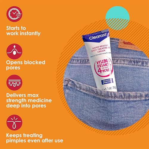 Clearasil Rapid Rescue Spot Treatment Cream with Benzoyl Peroxide Acne Medication for Acne Relief in as fast as 4 hours, 1 Ounce