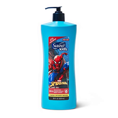 Suave Kids 3 in 1 Shampoo Conditioner Body Wash For Tear-Free Bath Time, Fresh Spider-Sense, Dermatologist-Tested Kids Shampoo 3 in 1 Formula 28 oz