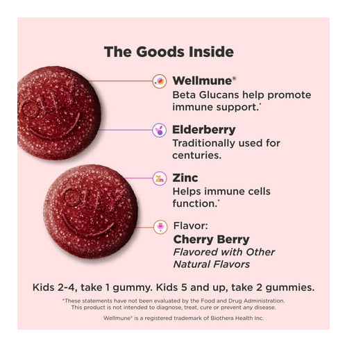 OLLY Kids Immunity Gummy Supplement with Wellmune and Elderberry, Cherry Berry, 50 Ct