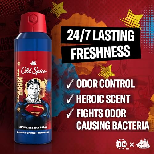 Old Spice Aluminum Free Body Deodorant Dry Body Spray for Men, 24/7 Freshness & Lasting Scent, 24/7 Sweat & Odor Protection, Smell Like a Hero, Superman, Bright Citrus & Cosmos Scent, 5.1 oz
