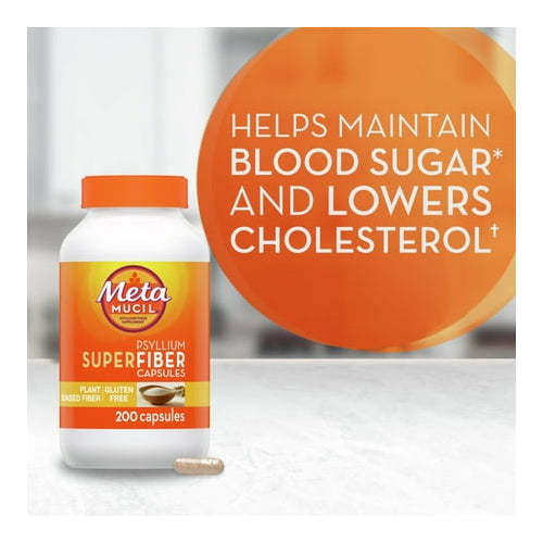 Metamucil Fiber Supplement, Psyllium Husk Fiber Powder Capsules for Daily Digestive Health, 200 Count