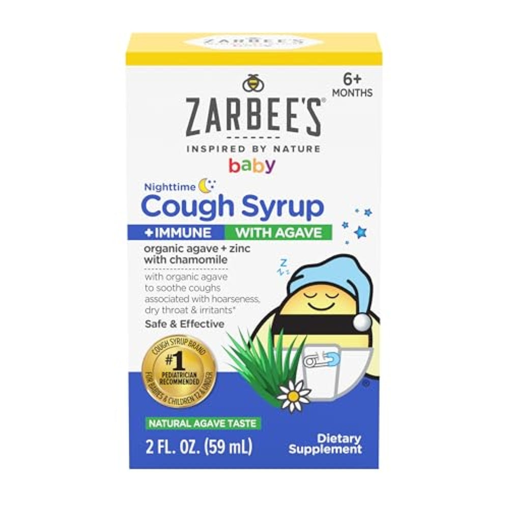 Zarbee's Baby Nighttime Cough Syrup + Immune, Baby Cough Syrup, Organic Agave + Zinc & Chamomile, Cough Syrup for Babies, No Drugs or Artificial Flavors, Natural Agave Taste, 2 fl. oz