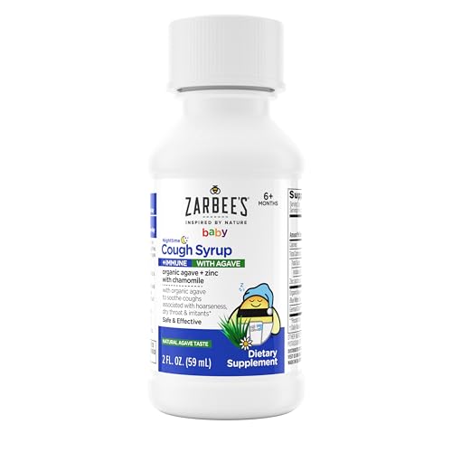 Zarbee's Baby Nighttime Cough Syrup + Immune, Baby Cough Syrup, Organic Agave + Zinc & Chamomile, Cough Syrup for Babies, No Drugs or Artificial Flavors, Natural Agave Taste, 2 fl. oz
