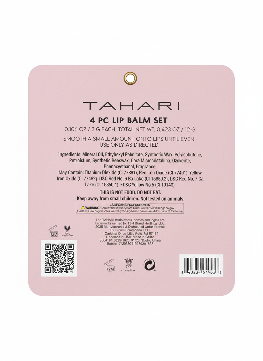TAHARI Limited Edition Moisturizing Soothing Lip Balm Set, Honey, Vanilla, Peony and Strawberry