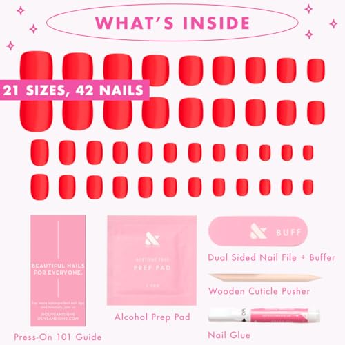 Olive & June Instant Mani Press On Nails (Glue) | Cherry Red | Short, Squoval | 42 Fake Nails, 21 Sizes | Non-Toxic, Long-Lasting | Recycled Materials | Realistic Look | CV