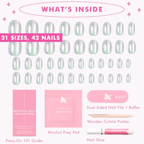 Olive & June Instant Mani Press-On Nails | (Glue) Extra Short, Round 42 Fake Nails, 21 Sizes | Non-Toxic, Long-Lasting Recycled Materials Realistic Salon-Quality at Home | Sheer Lavender Shimmer