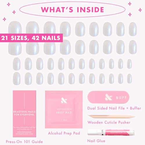 Olive & June Instant Mani Press-On Nails | (Glue) Medium, Oval 42 Fake Nails, 21 Sizes | Non-Toxic, Long-Lasting Recycled Materials Realistic Look | Salon-Quality at Home | Pink Goldfish
