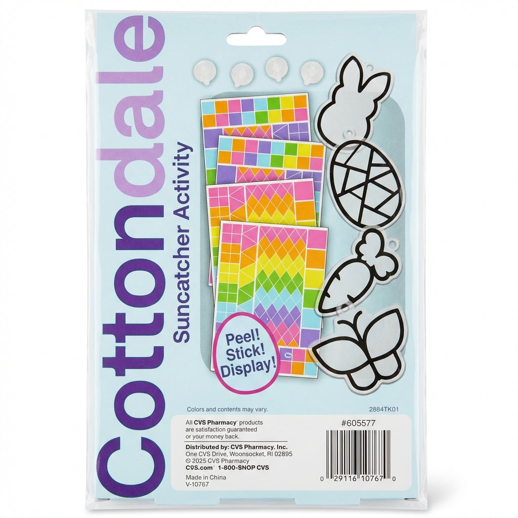 Cottondale Easter Suncatcher Activity Kit Kids DIY Peel & Stick Window Art, 4 Suncatchers, 4 Peel & Stick Translucent Colored Sheets & 4 Suction Cups