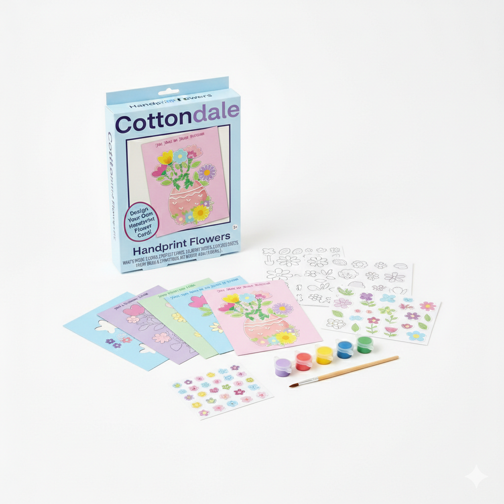 Cottondale Handprint Flowers Craft Kit DIY Kid Keepsake Greeting Cards, 5 Cards, 2 Pop Out Cards, 2 Glue Dot Sheets, 2 Stickers Sheets, 1q Paint Brush & 5 Paintpods