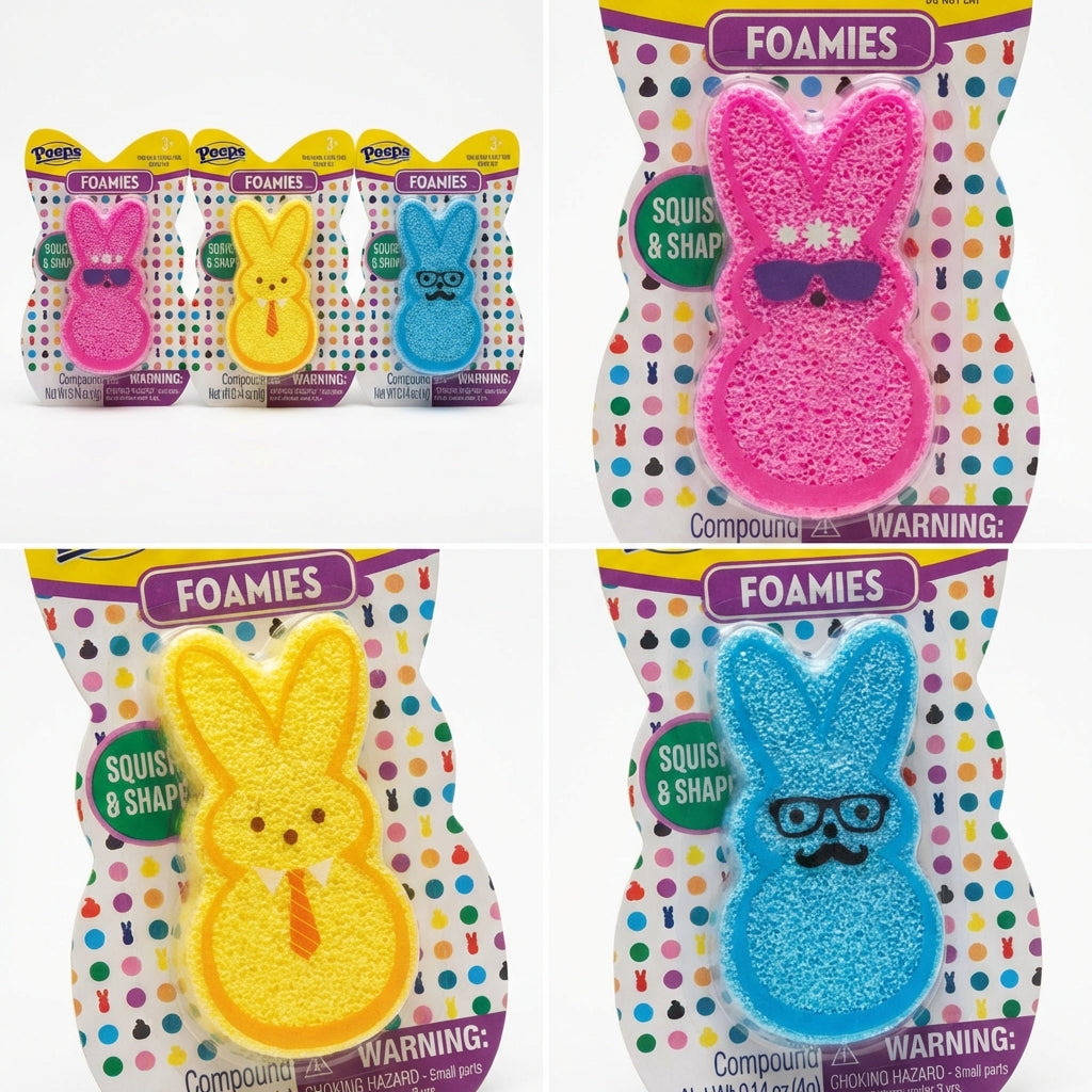 Pack of 3 Peeps Foamies Squish & Shape, Pink, Blue, Yellow Bunny, Years 3+. Colors May Vary