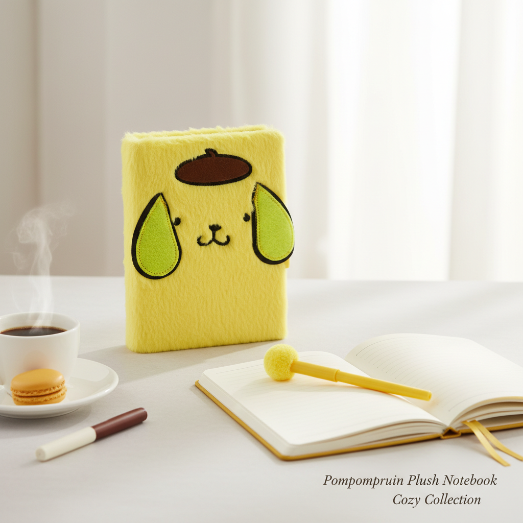 Sanrio Pompompurin Fuzzy Plush Diary Journal With Lock And Key Yellow Notebook