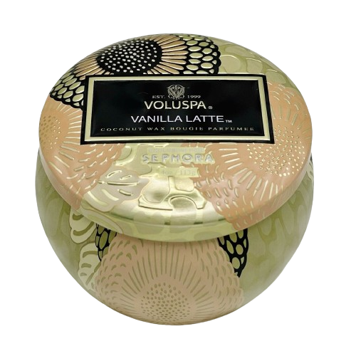Voluspa Vanilla Latte Candle | Mini Tin | 4 Oz. | 25 Hour Burn Time | Vegan | Coconut Wax and Natural Wicks for a Cleaner Burn