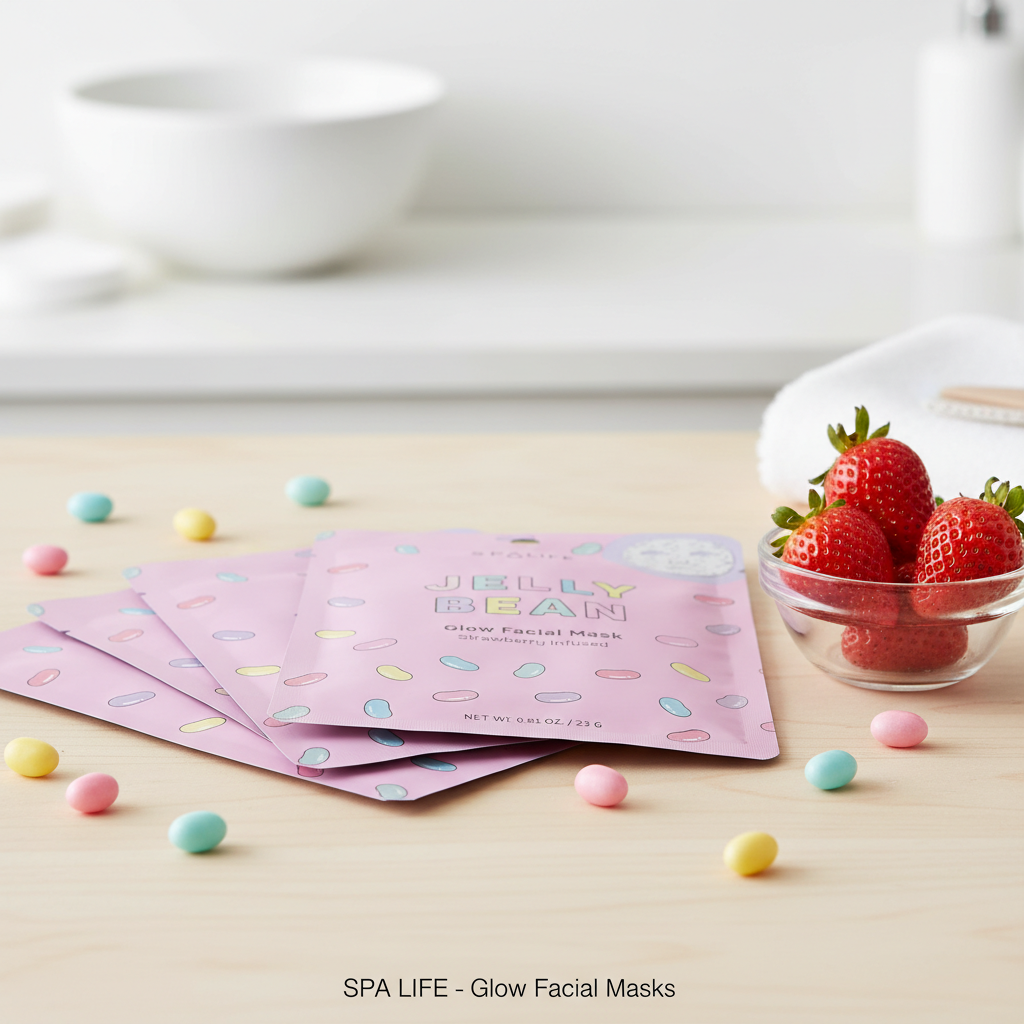 SpaLife Strawberry Jelly Bean Glow Facial Mask Hydrating Sheet Mask 0.81 Oz 23g