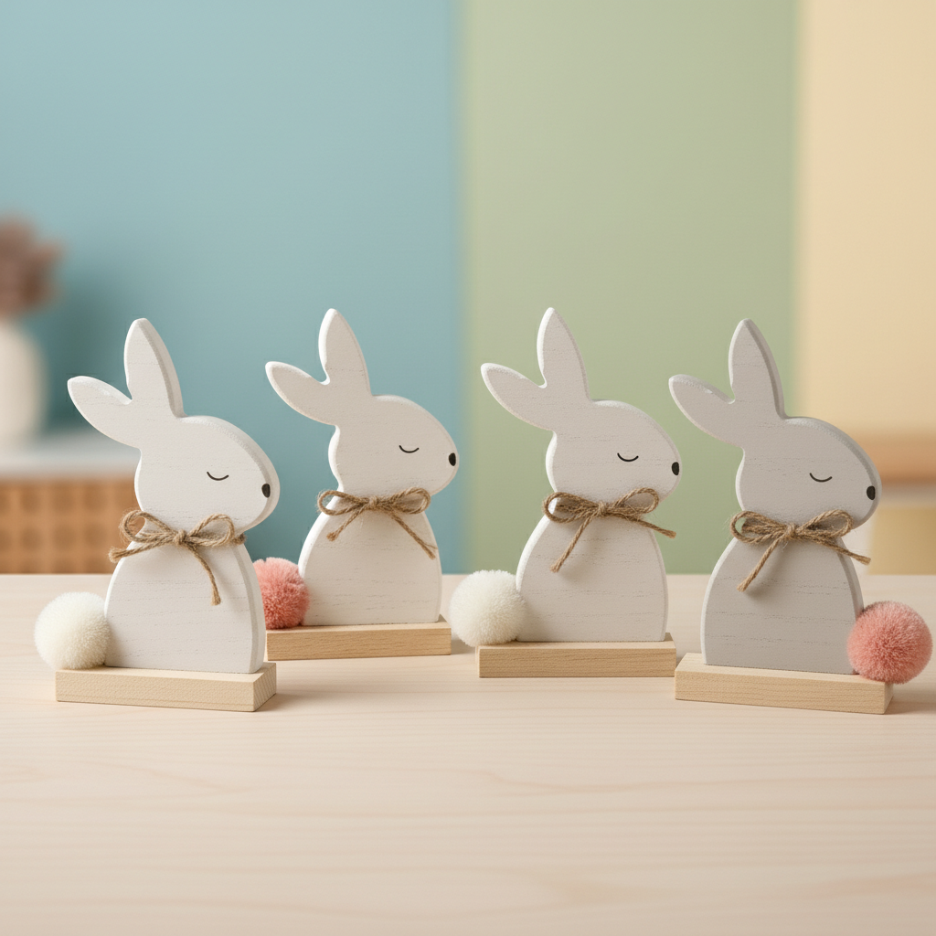 4 Pack White Wooden Easter Bunny Table Decor 6" Rustic Rabbit Figurines Set
