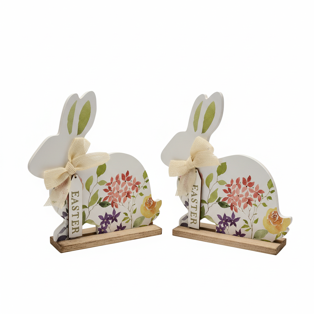 2 Pack White Wooden Easter Bunny Table Decor 8" Rustic Rabbit Figurines Set