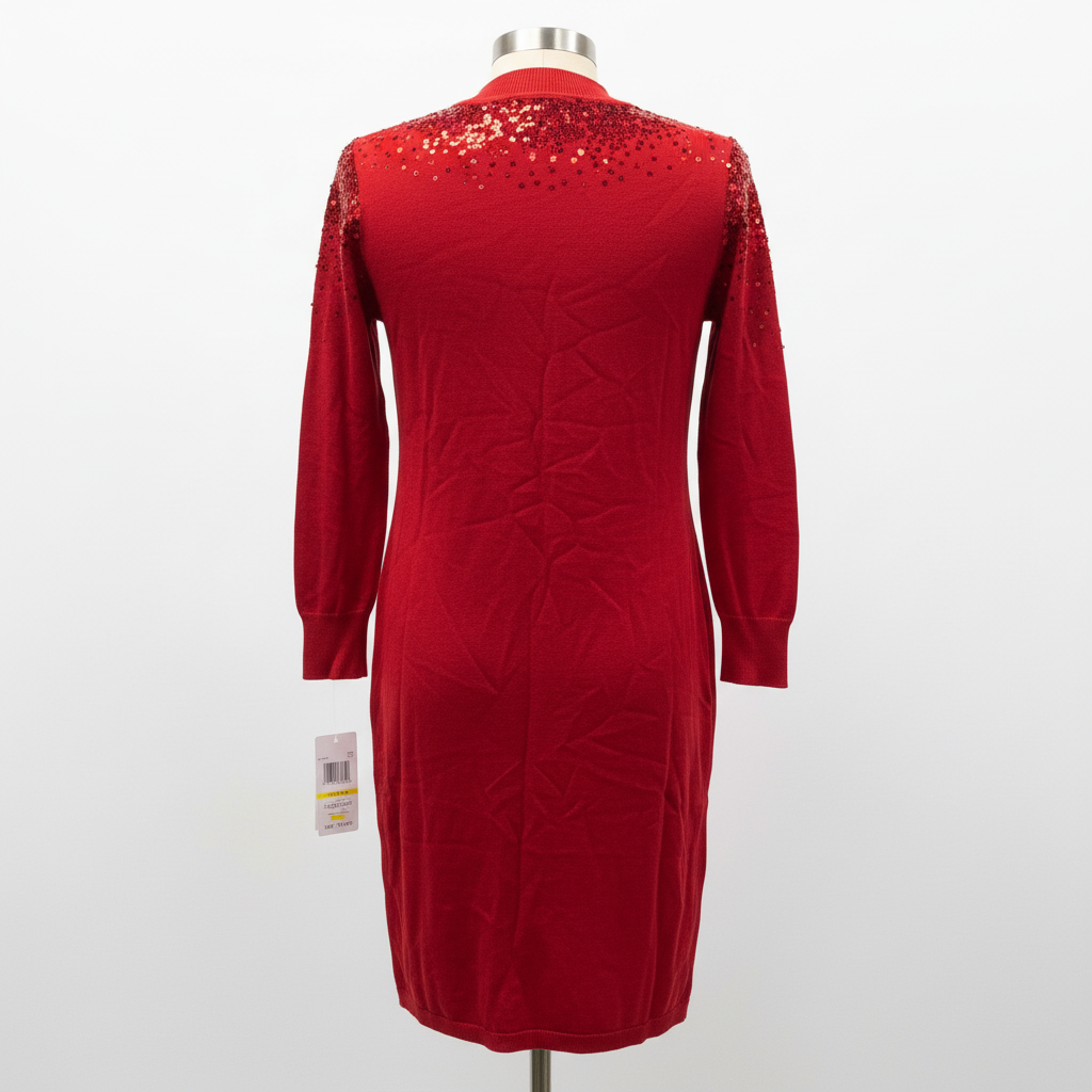 Nina Leonard Red Sequin Shoulder Knit Sweater Dress Women's Size M NWT