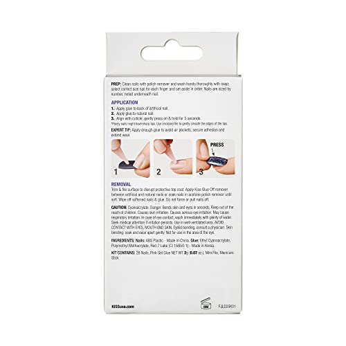 KISS Gel Fantasy Press On Nails, Nail glue included, 'Jelly Cookie', Pink, Long Size, Coffin Shape, Includes 28 Nails, 2g glue, 1 Manicure Stick, 1 Mini File