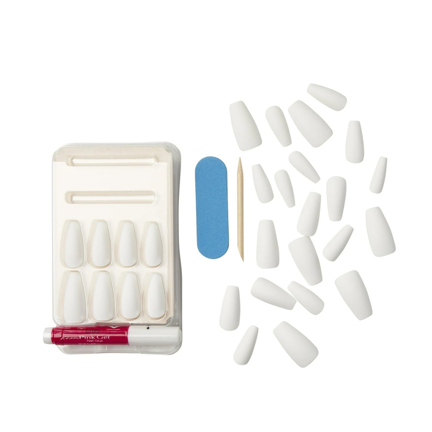 KISS Gel Fantasy Press On Nails, Nail glue included, 'True Color', White, Long Size, Coffin Shape, Includes 28 Nails, 2g glue, 1 Manicure Stick, 1 Mini File