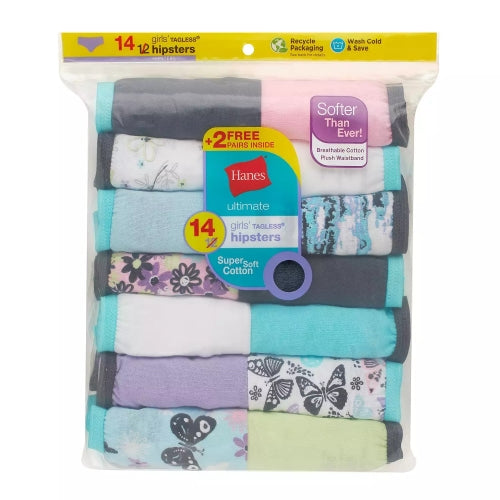 Hanes Girls' Tagless Super Soft Cotton Hipsters, 14 pack, Sizes 10 Assorted Colors